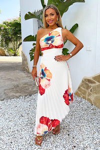 Cream Floral Print One Shoulder Cut Out Pleated Midi Dress