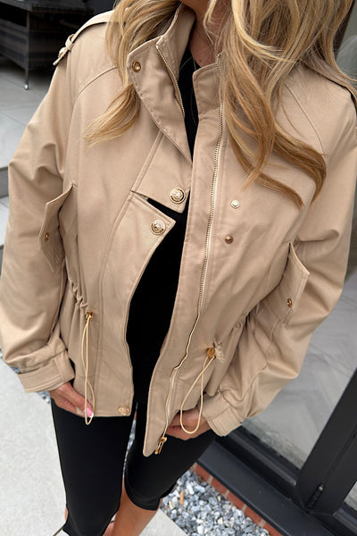 Willow Beige Tie Neck Tie Waist Bomber Jacket