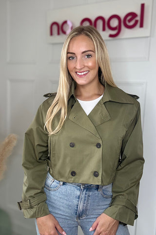 Khaki Green Cropped Trench Jacket
