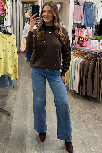 Gold Heart Jumper In Chocolate Brown