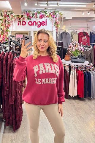 PARIS Slogan Oversized Fleece Lined Sweatshirt In Red Wine