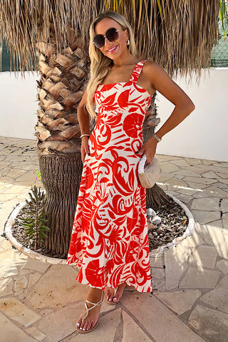 Orange And White Tropical Print Midi Dress With Button Split