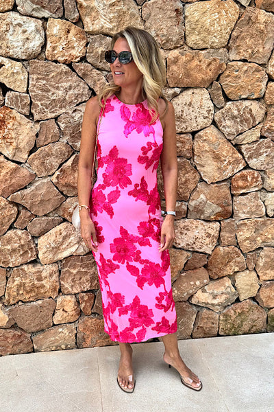 Floral Lace Lined Midi Dress In Pink