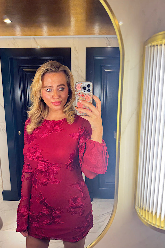 Red Wine Floral Lace Lined Mini Dress
