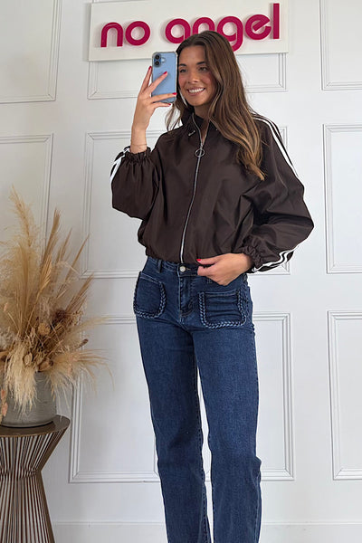 Nadia Chocolate Brown Jacket With White Contrast Stripes