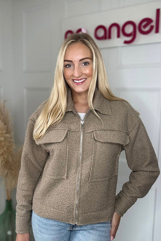 Stone Teddy Jacket With Oversized Pockets
