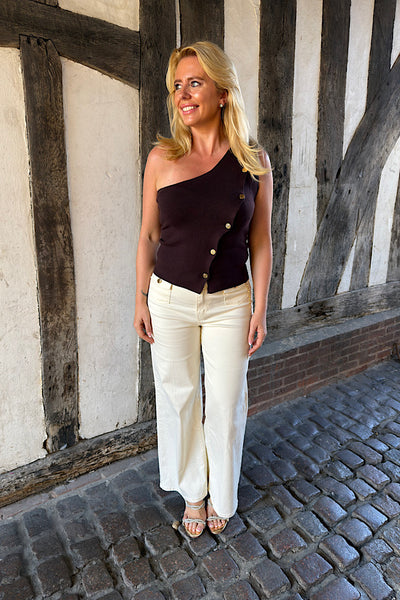 One Shoulder Soft Knit Asymmetric Top With Gold-Tone Statement Buttons