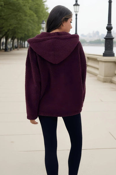 Burgundy Pocket Hooded Teddy Jacket