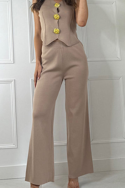 Taupe Knitted Gold Button Waistcoat & Trouser Co-Ord