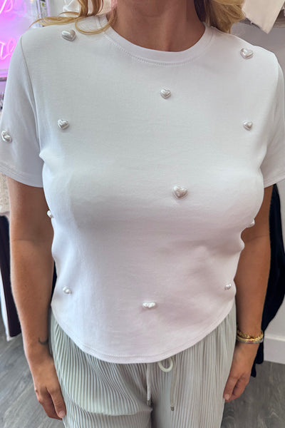 White T-shirt With Pearl Hearts
Regular price