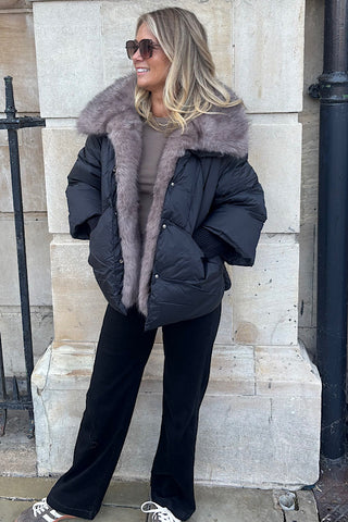 Aspen Faux Fur Trim Coat In Black