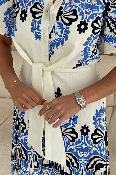 Verity Blue Paisley Border Tie Detail Mini Dress