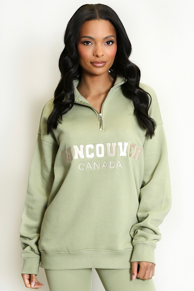 Sage Green Vancouver Slogan 1/4 Zip Sweatshirt