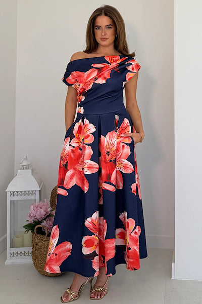 Betty Asymmetric Neckline Floral Print Skater Midi Dress Navy