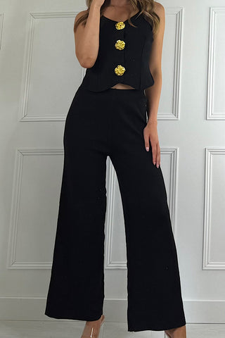 Lucy Knitted Gold Button Top And Trousers In Black