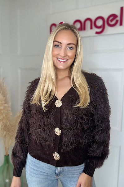 Chocolate Faux Fur Panelled Cardigan