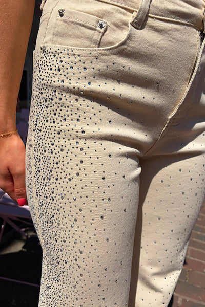 Kyra Diamanté Embellished Jeans In Cream