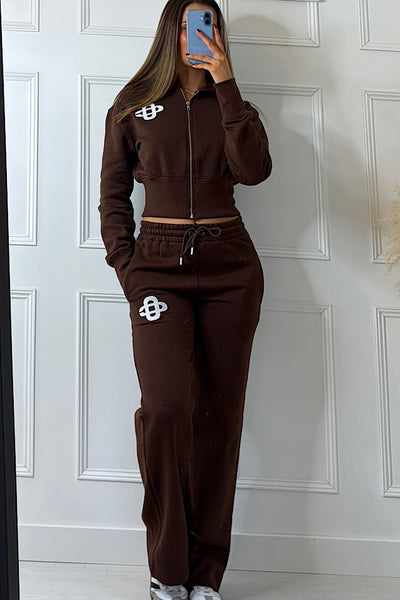 Chocolate Brown Hooded Co-ord With Motif