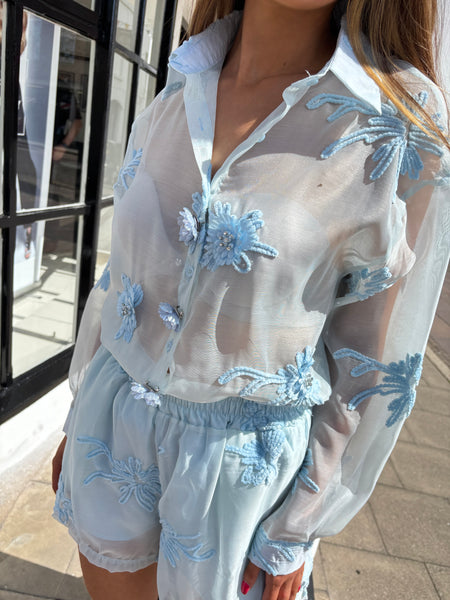 Amelia Sheer Floral Appliqué Short Set In Blue