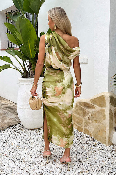 Lime Marble Print Off The Shoulder Midi Dress