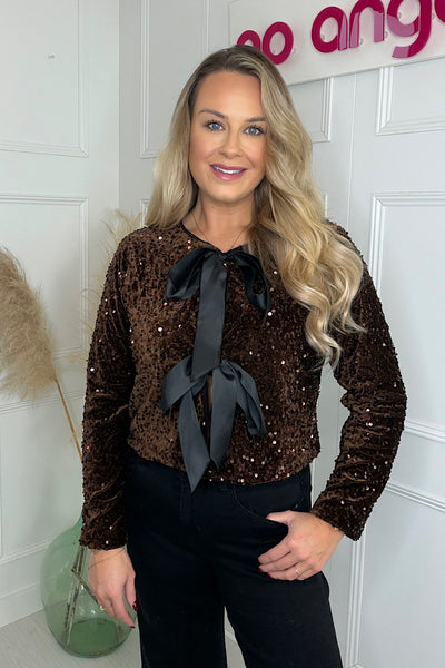 Luxe Sequin Tie Jacket In Chocolate