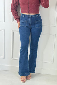 Maddie Stretch Patch Pocket Wide Leg Jeans In Dark Blue Wash Denim