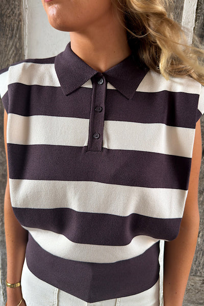 Collared Stripe Tank Top In Chocolate Brown