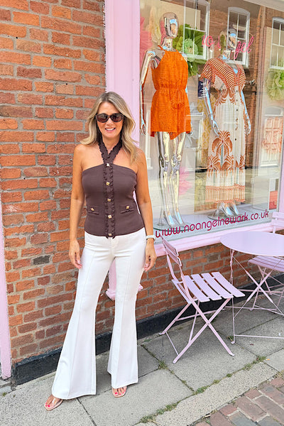 Clara Button Halter Neck Knitted Top In Chocolate