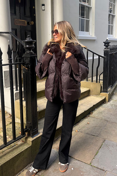 Aspen Faux Fur Trim Coat In Chocolate