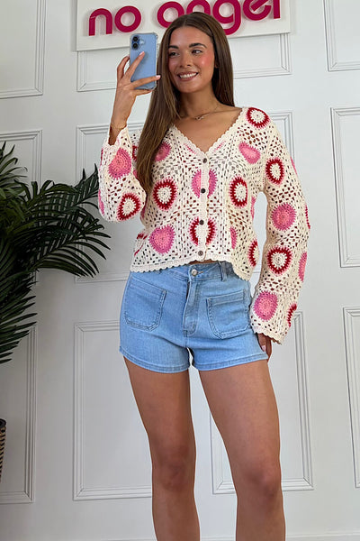 Sammy Crochet Cardigan In Pink