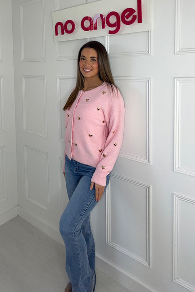 Imogen Gold Heart Cardigan In Pink