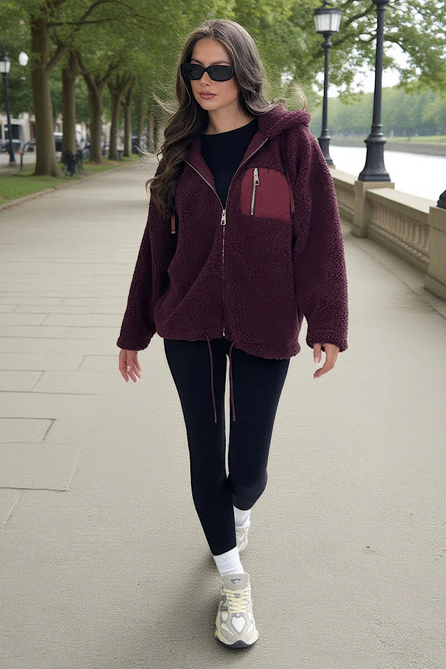 Burgundy Pocket Hooded Teddy Jacket