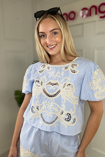 Blue Embroidery Pinstripe Short Co-Ord