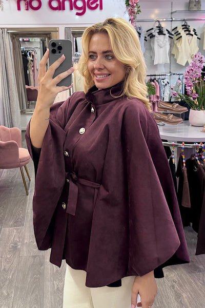 Suedette Military Button Tie Waist Cape In Plum