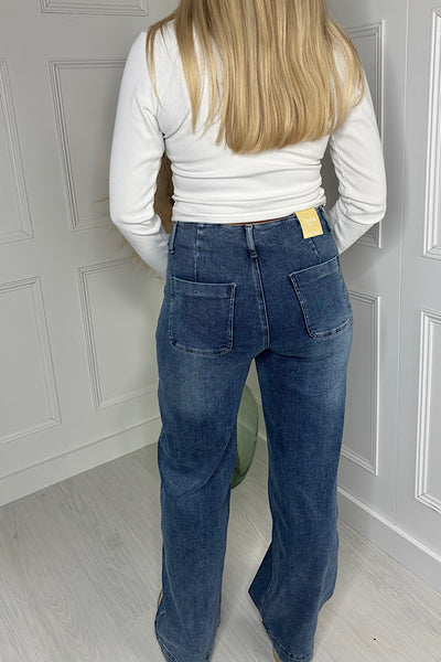 Anabelle Gold Button Visible Seam Straight Leg Jeans