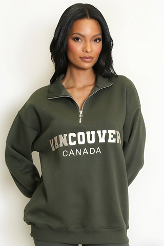 Khaki Vancouver Slogan Zip Sweatshirt