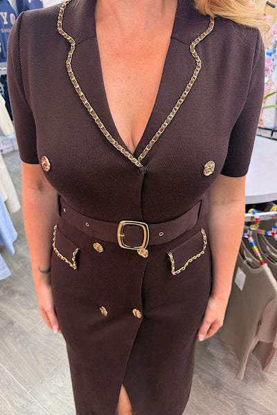 Chocolate Brown Midi Dress With Gold-Tone Chain Trim Detail
