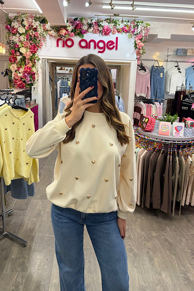 Gold Heart Jumper In Cream