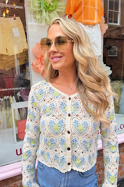 Lizzie Crochet Cardigan In Blue