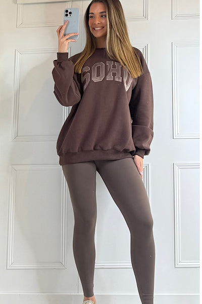 Luxe SOHO Slogan Oversized Fleece Lined Sweatshirt In Chocolate Brown