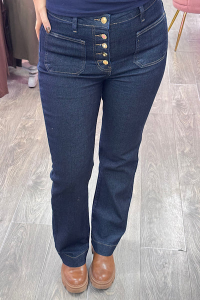 Lila Dark Blue Multi Button Wide Leg Stretch Jeans