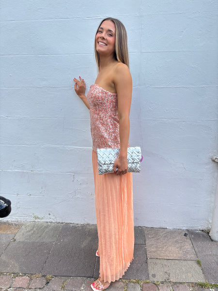 Peach Sequin Pleated Bandeau Dress