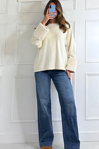 Anna Cream Jumper With Faux Fur Cuffs