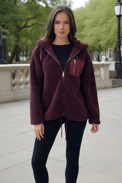 Burgundy Pocket Hooded Teddy Jacket