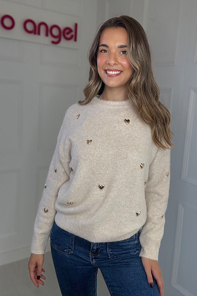 Oatmeal Gold Heart Detail Jumper