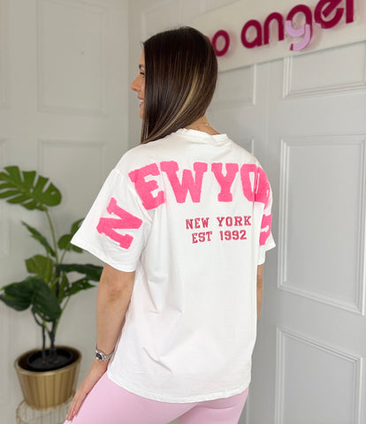 White New York T-Shirt With Pink