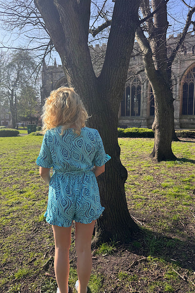 Thea Blue Playsuit With Abstract Swirl Print