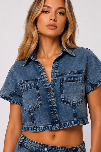 Denim Collar Cropped Button Up Shirt