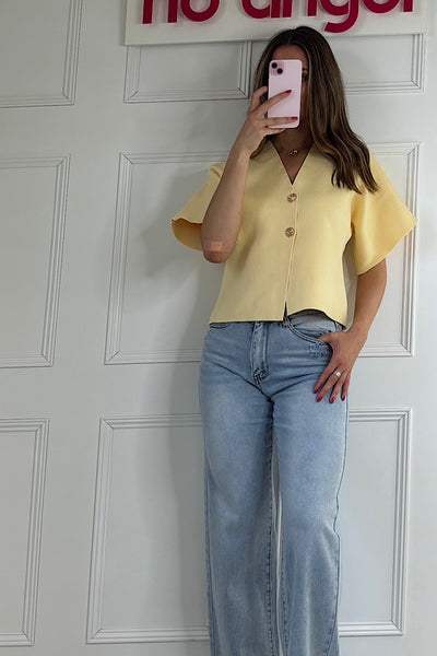Gold Button Cardigan In Lemon