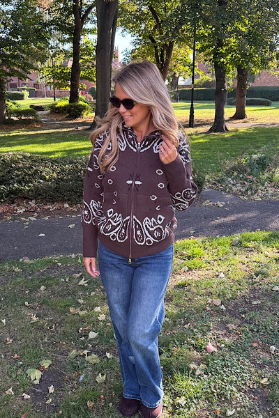 Margot Bandana Print Zip Up Cardigan In Chocolate